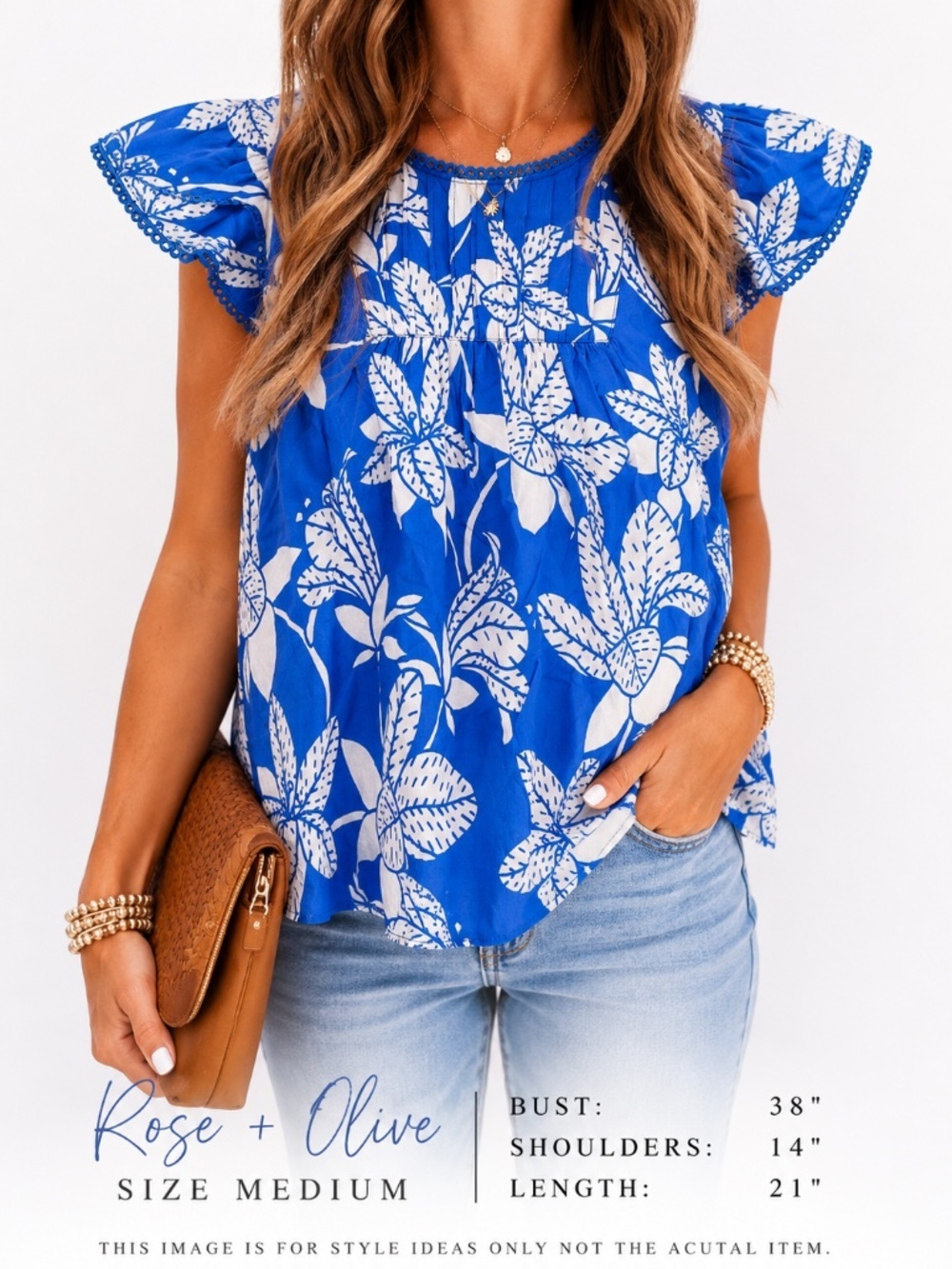 Rose + Olive Blue White Tropical Floral Flutter Sleeve Top Small - Picture 2 of 8